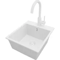 PrimaGran Granitspüle Alles Weiß 38x44cm, Spülbecken 1 Becken + Küchenarmatur 32x20cm + Ablauf-Set, Küchenspüle ab 40er Unterschrank - Riga Easy
