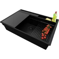 PrimaGran Spülbecken Alles Schwarz 78x53cm, Granitspüle 1 Becken + Ablauf-Set + Küchenzubehörset, Küchenspüle ab 80er Unterschrank - Oslo Pocket