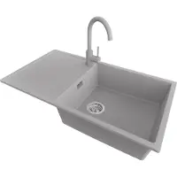 PrimaGran Granitspüle Grau 90x50cm, Spülbecken 1 Becken + Küchenarmatur 32x20cm + Ablauf-Set, Küchenspüle ab 60er Unterschrank - Ibiza