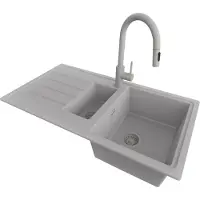 PrimaGran Granitspüle Grau 90x50cm, Spülbecken 1,5 Becken + Küchenarmatur 40x20cm + Ablauf-Set, Küchenspüle ab 60er Unterschrank - Kopenhagen Duo