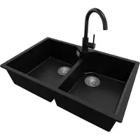 PrimaGran Granitspüle Schwarz 78x50cm, Spülbecken 2 Becken + Küchenarmatur 32x20cm + Ablauf-Set, Küchenspüle ab 80er Unterschrank - Madrid Twin