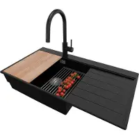 PrimaGran Granitspüle Schwarz 90x50cm, Spülbecken 1 Becken + Küchenarmatur 40x20cm + Ablauf-Set + Küchenzubehörset, Küchenspüle ab 60er Unterschrank - Sydney