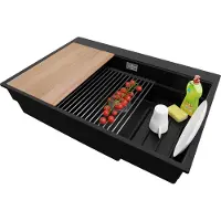 PrimaGran Spülbecken Schwarz 78x53cm, Granitspüle 1 Becken + Ablauf-Set + Küchenzubehörset, Küchenspüle ab 80er Unterschrank - Oslo Max