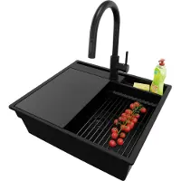 PrimaGran Granitspüle Alles Schwarz 58x53cm, Spülbecken 1 Becken + Ablauf-Set + Küchenzubehörset, Küchenspüle ab 60er Unterschrank - Oslo Pocket
