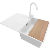PrimaGran Granitspüle Weiß 78x50cm, Spülbecken 1 Becken + Küchenarmatur 32x20cm + Ablauf-Set + Schneidebrett, Küchenspüle ab 45er Unterschrank - Kopenhagen