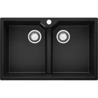 PrimaGran Spülbecken Schwarz 78x50cm, Granitspüle 2 Becken + Ablauf-Set, Küchenspüle ab 80er Unterschrank - Madrid Twin