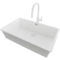 PrimaGran Granitspüle Alles Weiß 76x47cm, Spülbecken 1 Becken + Küchenarmatur 38x14cm + Ablauf-Set, Küchenspüle ab 80er Unterschrank - London Slim