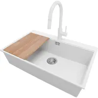 PrimaGran Granitspüle Weiß 78x50cm, Spülbecken 1 Becken + Küchenarmatur 40x20cm + Ablauf-Set + Schneidebrett, Küchenspüle ab 80er Unterschrank - Oslo