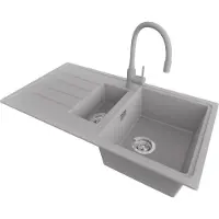PrimaGran Granitspüle Grau 90x50cm, Spülbecken 1,5 Becken + Küchenarmatur 38x14cm + Ablauf-Set, Küchenspüle ab 60er Unterschrank - Kopenhagen Duo