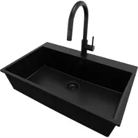 PrimaGran Granitspüle Alles Schwarz 78x50cm, Spülbecken 1 Becken + Küchenarmatur 40x20cm + Ablauf-Set, Küchenspüle ab 80er Unterschrank - Riga