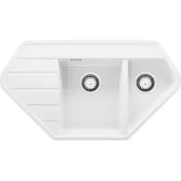 PrimaGran Eckspüle Weiß 90x50cm, Granitspüle 1,5 Becken + Ablauf-Set, Küchenspüle ab 80er Unterschrank - Kopenhagen Corner