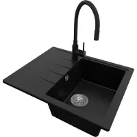 PrimaGran Granitspüle Schwarz 62x50cm, Spülbecken 1 Becken + Küchenarmatur 40x38cm + Ablauf-Set, Küchenspüle ab 40er Unterschrank - Mailand