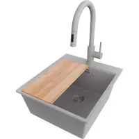 PrimaGran Granitspüle Grau 43x50cm, Spülbecken 1 Becken + Küchenarmatur 40x20cm + Ablauf-Set + Schneidebrett, Küchenspüle ab 45er Unterschrank - Oslo