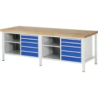 RAU Werkbank mit 4 Ablageböden - 10 Schubladen - Teilauszug - 90:4 / 120:6 - 840 x 2.500 x 900 mm (HxBxT) - Traglast 1.250 kg - Buche