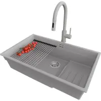 PrimaGran Unterbauspüle Granit Grau 76x47cm, Spülbecken 1 Becken + Ablauf-Set + Küchenzubehörset, Granitspüle ab 80er Unterschrank - Praga