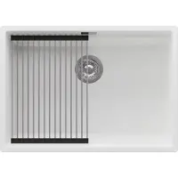 PrimaGran Spülbecken Weiß 66x47cm, Granitspüle 1 Becken + Ablauf-Set + Aufrollbare Abtropffläche, Küchenspüle ab 70er Unterschrank - Praga Slim