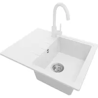 PrimaGran Granitspüle Weiß 62x50cm, Spülbecken 1 Becken + Küchenarmatur 32x20cm + Ablauf-Set, Küchenspüle ab 40er Unterschrank - Mailand