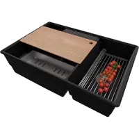 PrimaGran Spülbecken Schwarz 78x53cm, Granitspüle 2 Becken + Ablauf-Set + Küchenzubehörset, Küchenspüle ab 80er Unterschrank - Paris