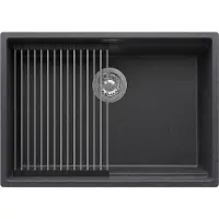 PrimaGran Unterbauspüle Granit Anthrazit 66x47cm, Spülbecken 1 Becken + Ablauf-Set + Aufrollbare Abtropffläche, Granitspüle ab 70er Unterschrank - Praga