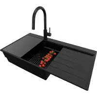 PrimaGran Granitspüle Alles Schwarz 90x50cm, Spülbecken 1 Becken + Ablauf-Set + Küchenzubehörset, Küchenspüle ab 60er Unterschrank - Sydney