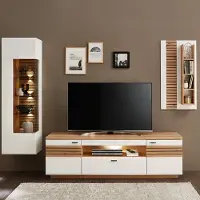 Lomadox Wohnwand, weiß mit Eiche, FALLON-55, modern, 3-teilig, inkl. Beleuchtung