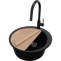 PrimaGran Granitspüle Schwarz 53x53cm, Spülbecken Rund 1 Becken + Ablauf-Set + Küchenzubehörset, Küchenspüle ab 50er Unterschrank - Pisa Max