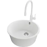 PrimaGran Granitspüle Weiß 46x46cm, Spülbecken Rund 1 Becken + Küchenarmatur 38x14cm + Ablauf-Set, Küchenspüle ab 50er Unterschrank - Valletta Slim