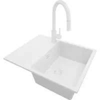 PrimaGran Granitspüle Alles Weiß 62x50cm, Spülbecken 1 Becken + Küchenarmatur 40x20cm + Ablauf-Set, Küchenspüle ab 45er Unterschrank - Ibiza