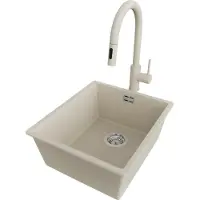 PrimaGran Unterbauspüle Granit Beige 41x47cm, Spülbecken 1 Becken + Küchenarmatur 40x20cm + Ablauf-Set, Granitspüle ab 45er Unterschrank - London