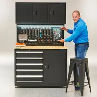 Datona Werkbank mit Oberschränken und Lochwand - 120 cm
