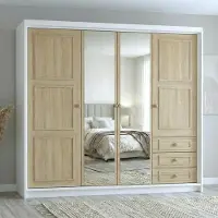 Mebloland Geräumiger viertüriger Kleiderschrank OSLO mit Schubladen und Metallgriffen – modernes Design Farbe: Weiß , Sonoma