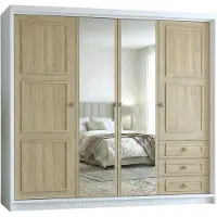 Mebloland Geräumiger vier­türiger Kleiderschrank OSLO mit Schubladen und Metallgriffen – modernes Design Farbe: Weiß | Sonoma