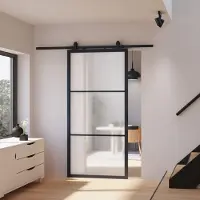 Inova Loft Glasschiebetür 880x2035mm satiniert Komplettset aus Stahl in schwarz inkl. 2Seitiger Softclose