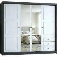 Mebloland Geräumiger vier­türiger Kleiderschrank OSLO mit Schubladen und Metallgriffen – modernes Design Farbe: Graphit | Weiß