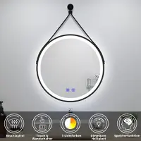 Aica Sanitär GmbH AICA Rund Badspiegel 80cm LED Wandspiegel mit Touch/Wandschalter Beschlagfrei 3 Lichtfarbe+Dimmbar Badezimmerspiegel mit Ledergürtel IP44 Energiesparend