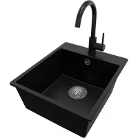 PrimaGran Granitspüle Schwarz 43x50cm, Spülbecken 1 Becken + Küchenarmatur 32x20cm + Ablauf-Set, Küchenspüle ab 45er Unterschrank - Riga