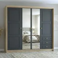 Mebloland Geräumiger vier­türiger Kleiderschrank OSLO mit Schubladen und Metallgriffen – modernes Design Farbe:Sonoma | Graphit