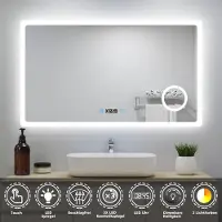 Aica Sanitär GmbH AICA LED Badspiegel mit Uhr 140×80cm Touch/Wandschalter Beschlagfrei Badezimmerspiegel 3 Lichtfarbe dimmbar 3-Fach Vergrößerung Schminkspiegel Kalt/Neutral/Warmweiß IP44