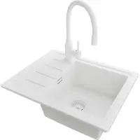 PrimaGran Granitspüle Alles Weiß 55x44cm, Spülbecken 1 Becken + Küchenarmatur 38x14cm + Ablauf-Set, Küchenspüle ab 45er Unterschrank - Kopenhagen Easy