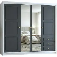 Mebloland Geräumiger vier­türiger Kleiderschrank OSLO mit Schubladen und Metallgriffen – modernes Design Farbe: Weiß | Graphit