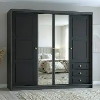 Mebloland Geräumiger vier­türiger Kleiderschrank OSLO mit Schubladen und Metallgriffen – modernes Design Farbe: Graphit | Schwarz