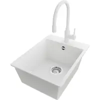 PrimaGran Granitspüle Weiß 38x50cm, Spülbecken 1 Becken + Küchenarmatur 38x14cm + Ablauf-Set, Küchenspüle ab 40er Unterschrank - Riga