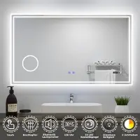Aica Sanitär GmbH AICA LED Badspiegel 120x70cm mit Uhr Bluetooth Beschlagfrei 3-Fach Vergrößerung Schminkspiegel Badezimmerspiegel 3 Lichtfarbe 3000K/4500K/6000K IP44