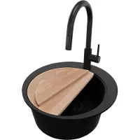 PrimaGran Granitspüle Alles Schwarz 50x50cm, Spülbecken Rund 1 Becken + Ablauf-Set + Küchenzubehörset, Küchenspüle ab 45er Unterschrank - Pisa