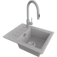 PrimaGran Granitspüle Grau 55x44cm, Spülbecken 1 Becken + Küchenarmatur 40x20cm + Ablauf-Set, Küchenspüle ab 45er Unterschrank - Kopenhagen Easy