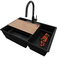 PrimaGran Granitspüle Alles Schwarz 78x53cm, Spülbecken 2 Becken + Ablauf-Set + Küchenzubehörset, Küchenspüle ab 80er Unterschrank - Paris