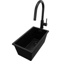PrimaGran Granitspüle Alles Schwarz 26x47cm, Spülbecken 1 Becken + Küchenarmatur 40x20cm + Ablauf-Set, Küchenspüle ab 30er Unterschrank - London Slim