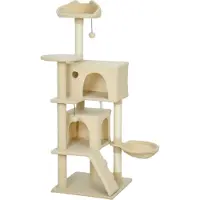 Welikera Kratzbaum 140 cm Katzenturm mit Hängematte, Leiter, Höhle, 2 Plüschballen, Sisalstämme, 48 x 48 x 140 cm, Beige