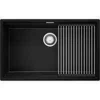 PrimaGran Unterbauspüle Granit Schwarz 76x47cm, Spülbecken 1 Becken + Ablauf-Set + Aufrollbare Abtropffläche, Granitspüle ab 80er Unterschrank - Praga