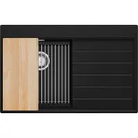 PrimaGran Spülbecken Schwarz 78x50cm, Granitspüle 1 Becken + Ablauf-Set + Küchenzubehörset, Küchenspüle ab 45er Unterschrank - Sydney